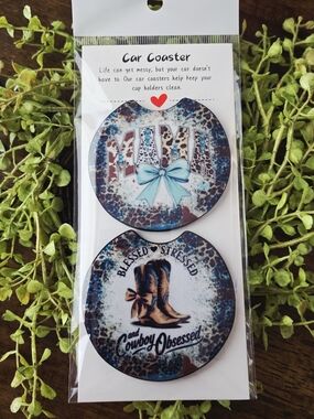 Car Coaster Set - Blue Brown Leopard Print Cowgirl Design